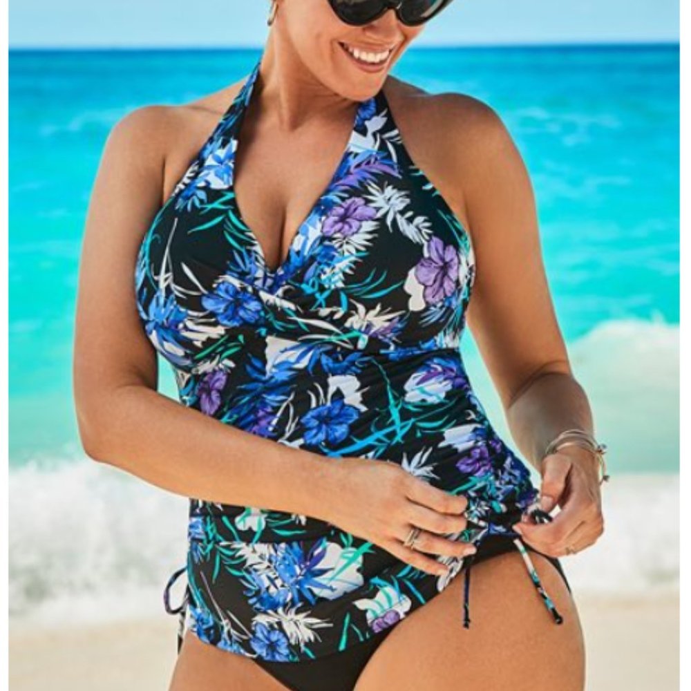 Nwt Swimsuits For All Adrift Underwire  Halter Tankini Top drawstring sides